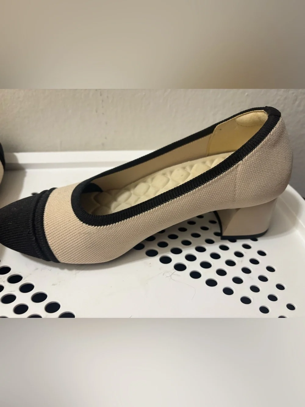 Vivaia- Beige & Black Round Toe Chunky Heels (Julie Pro)